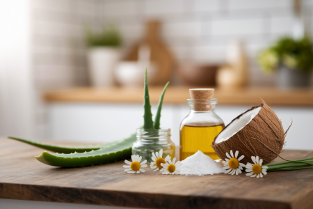 aloe-vera-huile-coco-camomille-table-bois