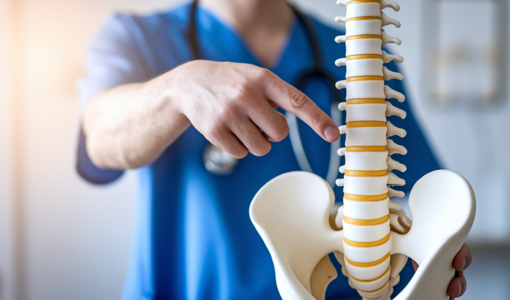 professionnel-sante-pointant-modele-rachis-lombaire