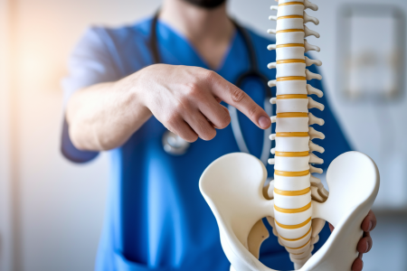professionnel-sante-pointant-modele-rachis-lombaire