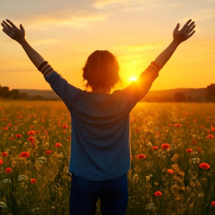 personne-champ-fleuri-coucher-soleil