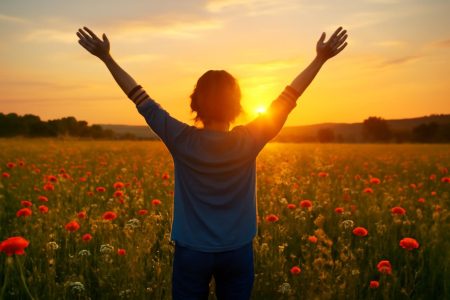 personne-champ-fleuri-coucher-soleil