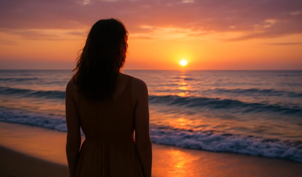 femme-plage-coucher-soleil-horizon
