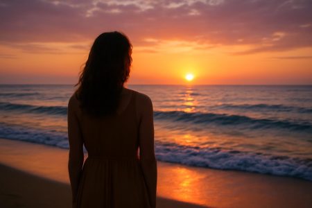 femme-plage-coucher-soleil-horizon