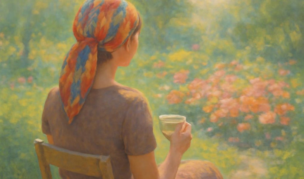 femme-jardin-foulard-tasse-fleurs