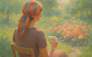 femme-jardin-foulard-tasse-fleurs