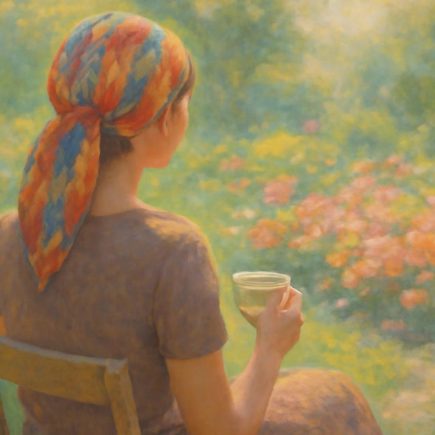 femme-jardin-foulard-tasse-fleurs