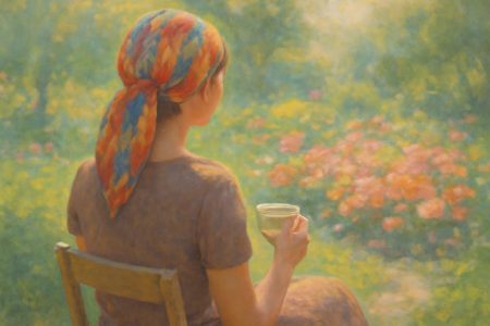 femme-jardin-foulard-tasse-fleurs