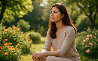 femme-sereine-jardin-ensoleille-fleurs