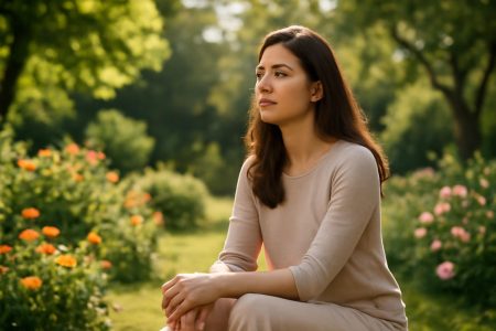 femme-sereine-jardin-ensoleille-fleurs
