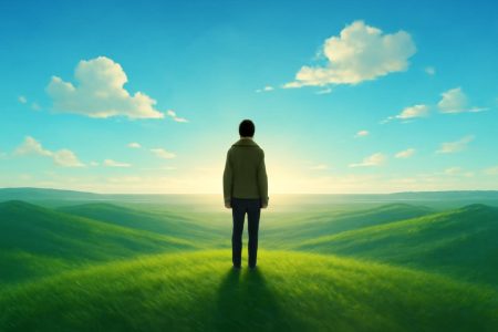 personne-colline-ciel-bleu-nuages