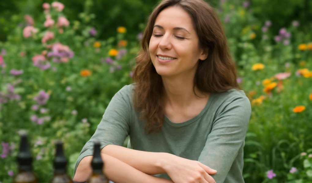 femme-detendue-jardin-fleuri-flacons-fleurs-bach