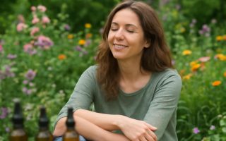 femme-detendue-jardin-fleuri-flacons-fleurs-bach