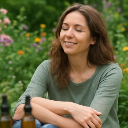 femme-detendue-jardin-fleuri-flacons-fleurs-bach