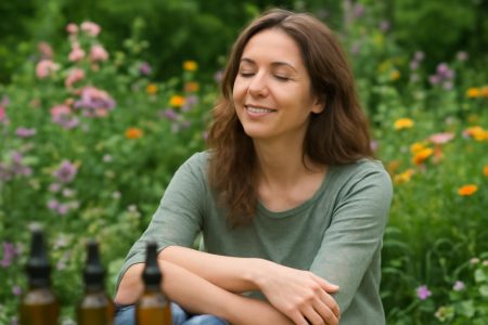 femme-detendue-jardin-fleuri-flacons-fleurs-bach